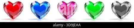 Five heart-shaped gems with bright colors and sharp facets, casting subtle shadows on white background. Stock Vector