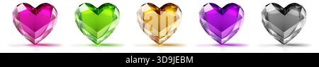Five heart-shaped gems in different colors with subtle shadows and reflections on a white background. Stock Vector
