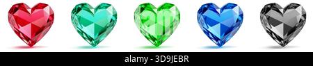 Five heart-shaped gems in different bright colors, with subtle shadows and reflections, on a white background. Stock Vector