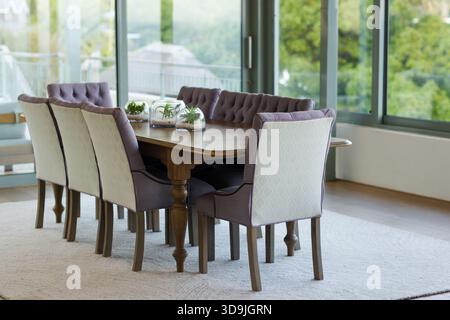 Wooden dining table with eight chairs is resting on rug near windows, displaying glass terrariums Stock Photo