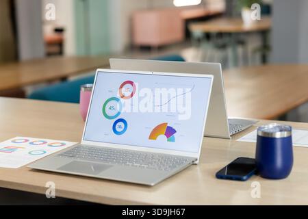 Silver laptop displaying colorful charts on light wooden table in office with phone and tumbler Stock Photo