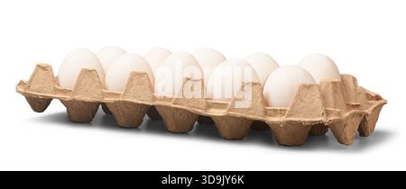 biodegradable cardboard carton filled with ten fresh white eggs isolated white background, side view of molded pulp container, healthy protein Stock Photo