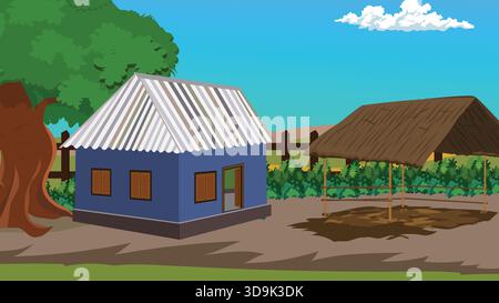 Indian Village House Rural Landscape Illustration Stock Vector Image ...