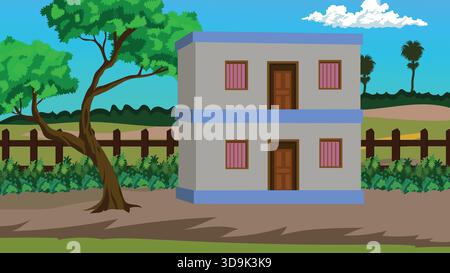 Indian Village House Rural Landscape Illustration Stock Vector