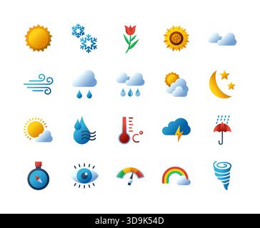 A modern 2D vector weather icon pack with gradient sstyle featuring clear, simple illustrations of sun, clouds Stock Vector