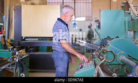 Senior worker operating woodworking machine in factory Stock Photo