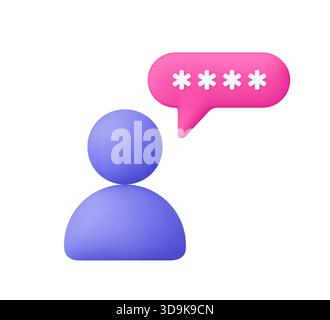 Purple user icon and pink speech bubble with password. Login, privacy, account security, identity protection, safe communication and cybersecurity con Stock Vector