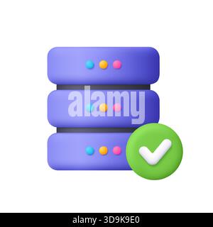 Purple server rack with green check mark. Data storage, successful connection, system verification, web hosting, cloud storage, IT service and cyberse Stock Vector