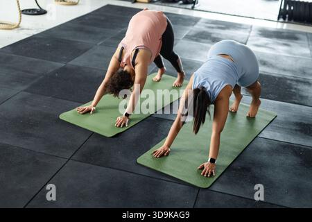 Diverse female friends practicing yoga on mats in gym wearing fitness trackers with battle ropes Stock Photo