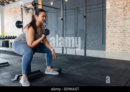 Female athlete performing seated dumbbell bicep curl on bench at gym weight area, copy space Stock Photo