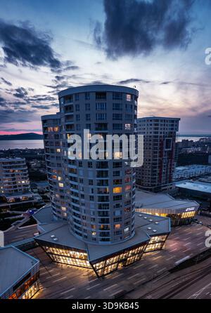Aerial view of a modern office building terrace with wooden decking ...