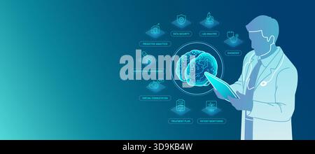 AI Assistant for a Doctor concept - diagnosis, patient treatment, medication, lab tests. Vector medtech illustration of a doctor with a tablet connect Stock Vector