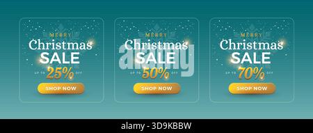 Christmas Sale Banners set - Up to 25% 50% 75% Off discounts templates for Christmas marketing campaigns - green and gold snowy backgrounds in square Stock Vector