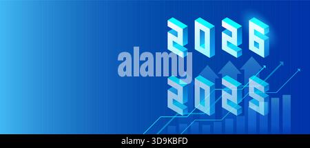 2025 to 2026 year transition concept - abstract blue business background with rising arrows charts for end of year corporate reports presentations - v Stock Vector
