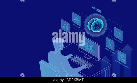 AI Assistant for Business Productivity Boost concept background - businessman working at a computer supported by AI Core digital brain. Icons for auto Stock Vector