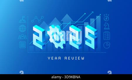 2025 Year Review Corporate Business Background with arrows up, growth chart, 2025 logo, icons for annual report, team, financial success, goals, strat Stock Vector