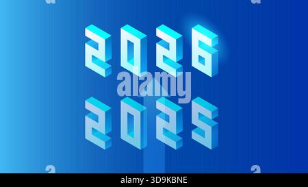 Year Transition 2025 2026 - abstract blue vector illustration with 3d isometric 2025 and 2026 year logos and arrow up - great graphics for business pr Stock Vector