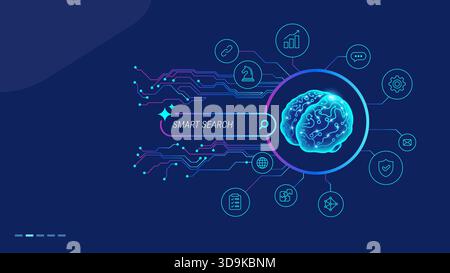 Smart Search with AI for business and work productivity concept - Intelligent data discovery and semantic analysis illustration - Modern vector with e Stock Vector