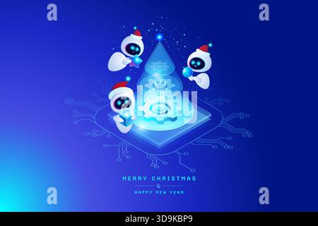 AI Technology Christmas and New Year greeting card - Funny AI assistants in Santa hats decorating digital Christmas tree - vector illustration with be Stock Vector