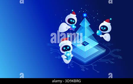 AI Agents Decorating Digital Christmas Tree - concept technology vector illustration Stock Vector