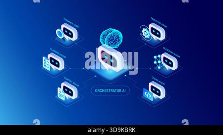 AI Agents Orchestration Workflow Diagram - Orchestrator AI connected to six multi-agent system: research agent, planning, writing content, execution, Stock Vector