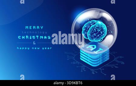 Christmas AI technology concept background - Christmas ornaments glass ball stylized as futuristic server with AI brain and digital snow inside. Moder Stock Vector