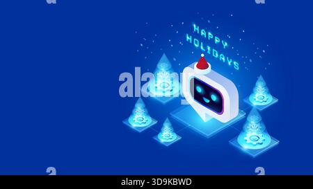 Happy Holidays blue technology background with AI agent in Santa hat and digital Christmas trees with gears inside, symbol of automation and digital t Stock Vector