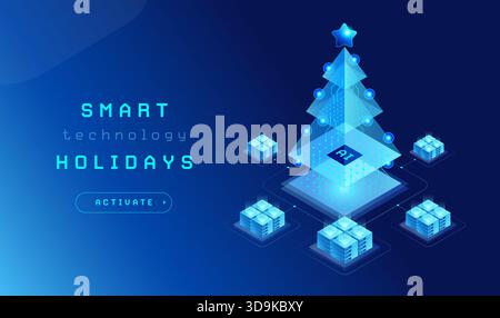 Christmas AI Technology Greeting Card - Digital Christmas tree with AI chip connected to servers that resemble Christmas presents. Text Smart Holidays Stock Vector