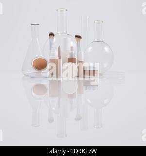 Makeup and beauty cosmetics products with laboratory glassware on a glossy white reflective surface. Clean, minimalist composition representing cosmet Stock Photo