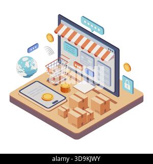 Isometric Global E-commerce and Digital Marketing Business System. Digital Marketing and E-commerce Concept Stock Vector