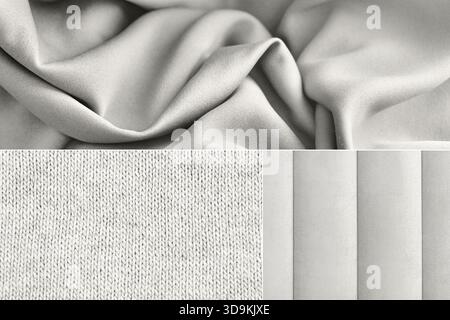 Collage showing different textures of fabric and knitwear in a fashionable color. Demonstrating the colors of 2026 - Cloud Dancer. Stock Photo