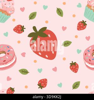 Cute seamless vector pattern featuring hand-drawn strawberries, donuts, and cupcakes on a pastel pink background. Ideal for textile print, wrapping pa Stock Vector
