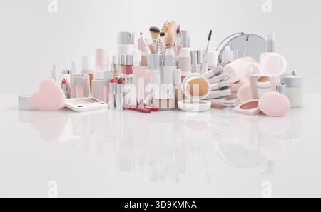 A set of makeup and cosmetics products on a glossy white reflective surface. Arrangement of  beauty accessories. Advertising banner for store deals, s Stock Photo