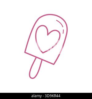Cute Hand-Drawn Popsicle Doodle with Heart in Minimal Line Art Style Stock Vector