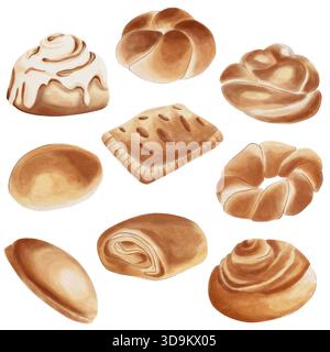 A selection of homemade golden baked goods, including several types of buns, cinnamon rolls, rolls, and puff pastries. Watercolor illustration. Fresh Stock Photo