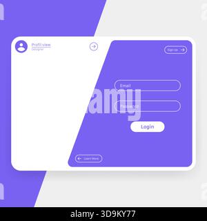 A modern and minimal login interface featuring a purple-themed layout, profile preview area, email and password input fields, sign up button, and smoo Stock Vector