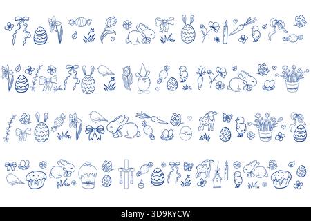 Easter border set horizontal design with bunnies, flowers, easter eggs spring elements, seamless background, stencil decoration. . Vector illustration Stock Vector