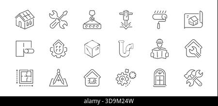 Construction line icons set vector. Work, labor concept. Symbols or signs for website and mobile app design Stock Vector