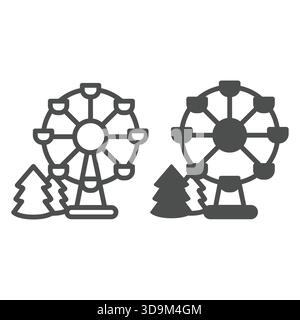 Fir tree and observation wheel line and solid icon, eco tourism concept. Vector graphics. Amusement park ride, high rise view sign on white background Stock Vector