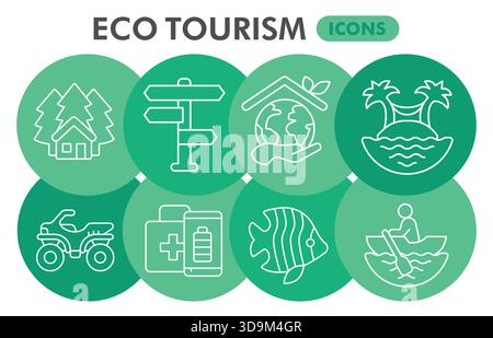 Eco tourism symbols collection or sketches, ecology theme bubbles in thin line style signs for web and app. Vector graphics isolated on white backgrou Stock Vector