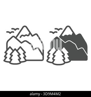 Mountains with forest and birds line and solid icon, eco tourism concept. Vector graphics. Nature landscape sign on white background, outline style ic Stock Vector
