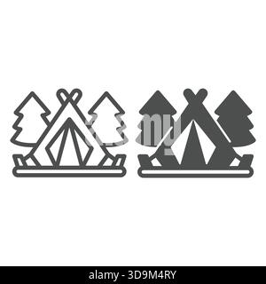 Raincoat tent in forest line and solid icon, eco tourism concept. Vector graphics. Camping tent and fir trees sign on white background, outline style Stock Vector