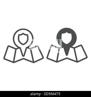 Reserve map with location pin line and solid icon, eco tourism concept. Vector graphics. Location with ecology safety emblem sign on white background, Stock Vector