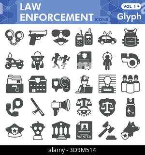 Law enforcement collection or sketches, law and order theme bar in glyph style signs for web and app. Vector graphics isolated on white background Stock Vector