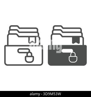 Cabinet box with police folders and lock line and solid icon, law and order concept. Vector graphics. Criminal case documents sign on white background Stock Vector