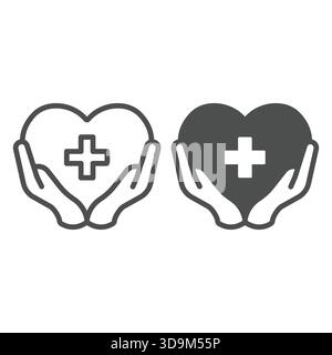 Heart and medical cross in hands line and solid icon, charity concept. Vector graphics. Hands with cross on heart, donation sign on white background, Stock Vector