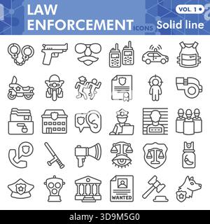 Law enforcement collection or sketches, law and order theme bar in line style signs for web and app. Vector graphics isolated on white background Stock Vector