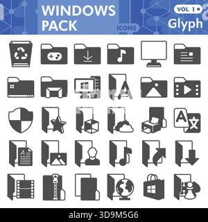 Windows system collection or sketches, windows pack theme bar in glyph style signs for web and app. Vector graphics isolated on white background Stock Vector