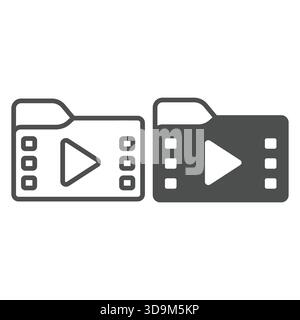 Video folder line and solid icon, windows pack concept. Vector graphics. Folder with video files, frame play button, multimedia sign on white backgrou Stock Vector