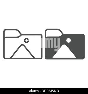Images folder line and solid icon, windows pack concept. Vector graphics. Folder with mountain and sun, gallery sign on white background, outline styl Stock Vector